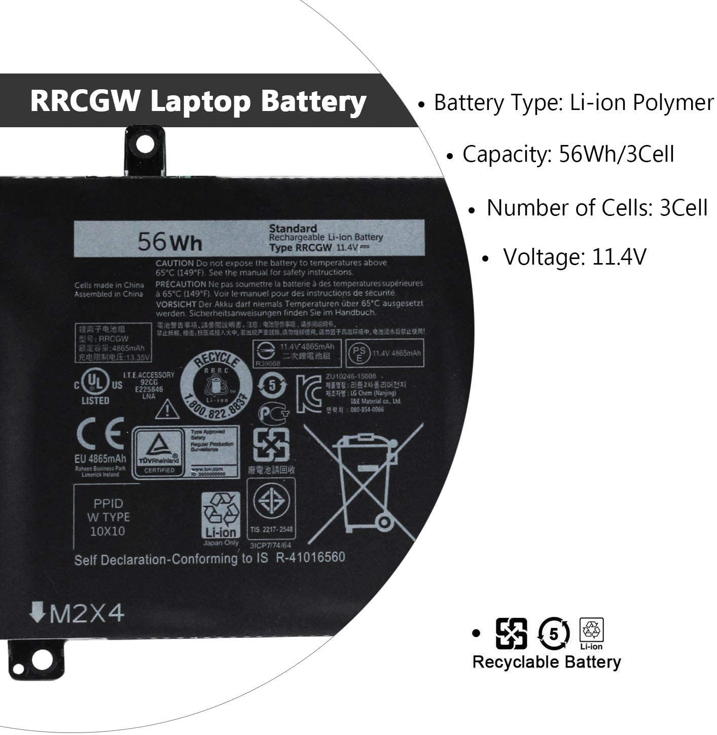 RRCGW Laptop Battery (56Wh) Compatible with DELL XPS 15 9550, Precision 5510 Series P56F P56F001 62MJV M7R96 0RRCGW 062MJV 11.4V 3-Cell